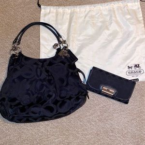Coach Shoulder Bag and Wallet. Signature “C” design. Black w/ silver accents